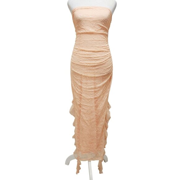 Strapless Peach Lace Midi Dress With Ruched Details & Ruffle Hem Size S - Picture 1 of 12